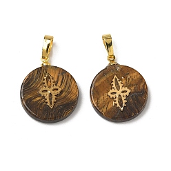 Тигровый глаз Природных тигровый глаз подвески, плоские круглые подвески золотистого оттенка 304 кусочки цветов из нержавеющей стали и латунные застежки-кнопки, 19~20.2x16~16.3x3.3~4.2 мм, отверстие : 6x3 мм