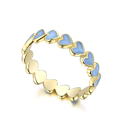 Light Sky Blue 925 Sterling Silver Heart Finger Rings with Enamel, Golden, Light Sky Blue, US Size 8(18.1mm)