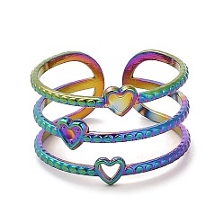 Rainbow Color 304 Stainless Steel Open Cuff Ring for Women, Hollow Heart, Rainbow Color, US Size 7 1/2(17.7mm)