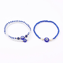 Blue Glass Seed Beaded Stretch Bracelets, Stackable Bracelets, with Natural Pearl & Lapis Lazuli(Dyed) Beads and Evil Eye Lampwork Beads, Blue, Inner Diameter: 2-1/8~2-1/4 inch(5.4~5.6cm), 3pcs/set