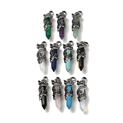 Mixed Stone Natural & Synthetic Mixed Stone Pointed Big Pendants, Faceted Bullet Charms with Rack Plating Antique Silver Plated Alloy Gragon, Cadmium Free & Lead Free, Mixed Dyed and Undyed, 63~64x19~20x15.5mm, Hole: 7.5x6.5mm