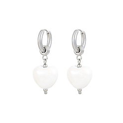 Stainless Steel Color 304 Stainless Steel Dangle Hoop Earrings, with Imitation Pearl Heart Charms, Stainless Steel Color, Heart: 17x15mm