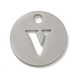 Letter V Не тускнеющие 304 подвески из нержавеющей стали, цвет нержавеющей стали, плоские круглые с буквы, Буква V, 19x1.2 мм, отверстие : 2.5 мм