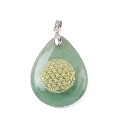 Зеленый Авантюрин Естественный зеленый авантюрин подвески, с реечной обшивкой латунными выводами, без кадмия и без свинца, очарование слезы, 31x25x5~7 мм, отверстие : 4.5x4 мм