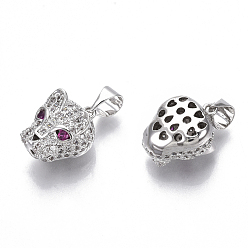 Real Platinum Plated Brass Micro Pave Cubic Zirconia Charms, Nickel Free, Leopard Head, Clear, Real Platinum Plated, 13.5x10.5x8mm, Hole: 4mm