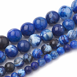 Blue Dyed Natural Crackle Agate Beads Strands, Round, Blue, 8~8.5mm, Hole: 1mm, about 48pcs/strand, 15.1 inch