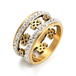 Clover 304 Stainless Steel Finger Rings for Women, with Crystal Rhinestone, Clover, US Size 8(18.1mm), 10mm