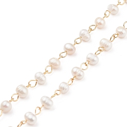 Golden Handmade Natural Freshwater Pearl Beaded Chains, with 304 Stainless Steel Findings, Unwelded, Golden, 6~8x5~6mm, about 3.28 Feet(1m)/Strand