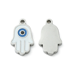 Stainless Steel Color 304 Stainless Steel Manual Polishing Charms, with Enamel, Hamsa Hand/Hand of Miriam with Evil Eye, Stainless Steel Color, 11.5x7x1.5mm, Hole: 1.2mm