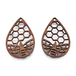 Camel Natural Walnut Wood Pendants, Undyed, Hollow Teardrop Charm with Bees, Camel, 36.5x25x2.5mm, Hole: 2mm