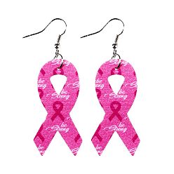 Ярко-Розовый Серьги-подвески из искусственной кожи в форме ленты с символикой осведомленности, платина, ярко-розовый, 70x26 мм