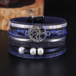 blue Bohemian Style Handmade Braided Hollow Tree Bracelet - Multilayer European and American Leather Bracelet.