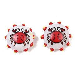 Red Printed Baking Paint Opaque Glass Enamel Beads, Bumpy Flat Round with Crab, Red, 18x19x9mm, Hole: 1.4mm