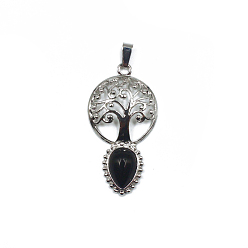 Black Stone Natural Black Stone Teardrop Pendants, Tree of Life Charms with Platinum Plated Metal Findings, 49x26mm