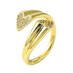 Real 16K Gold Plated Brass Micro Pave Cubic Zirconia Open Cuff Ring, Heart, Real 16K Gold Plated, US Size 9(18.9mm)