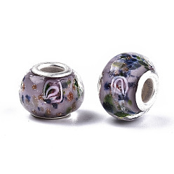 Plum Handmade Gold Sand Lampwork European Beads, Large Hole Beads, with Platinum Color Brass Double Cores, Rondelle, Plum, 14x11mm, Hole: 5mm