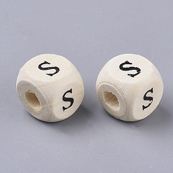 Letter S Printed Natural Wood Beads, Horizontal Hole, Cube with Initial Letter, PapayaWhip, Letter.S, 10x10x10mm, Hole: 3.5mm, about 1000pcs/500g