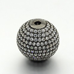 Gunmetal Brass Micro Pave Cubic Zirconia Round Beads, Cadmium Free & Lead Free, Clear, Gunmetal, 18mm, Hole: 3mm