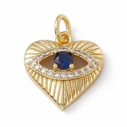 Dark Blue Rack Plating Brass Cubic Zirconia Pendants, Heart with Eye Charm, with Jump Ring, Long-Lasting Plated, Golden, Lead Free & Cadmium Free, Dark Blue, 18x16.5x6mm, Hole: 4mm