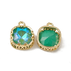 Emerald Square K9 Glass Charms, Faceted, with Light Gold Tone Brass Edge, Emerald, 15x12x4.5mm, Hole: 1.8mm
