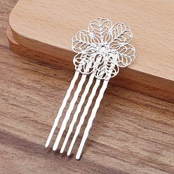 Silver Brass Hair Comb Findings, with Filigree Flower, Silver, 62x30mm