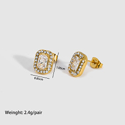 Rectangle Модные 304 серьги-гвоздики из нержавеющей стали с кубическим цирконием, реальный 18 k позолоченный, прямоугольные, 10.5x8.5 мм