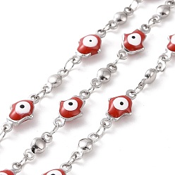 Red Enamel Hamsa Hand with Evil Eye Link Chains, with 304 Stainless Steel Findings, Stainless Steel Color, Unwelded, with Spool, Red, 11.5x5.5x3mm, 8x3x2mm