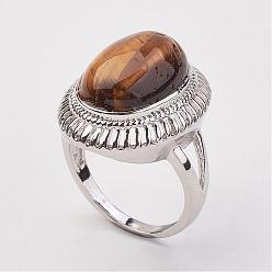 Tiger Eye Natural Tiger Eye Finger Rings, with Brass Ring Finding, Platinum, Oval, Size 8, 18mm