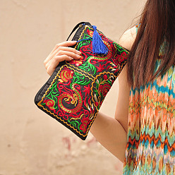 Colorful Embroidered Cloth Handbags, Clutch Bag with Zipper, Rectangle with Dargon Pattern, Colorful, 140x270mm