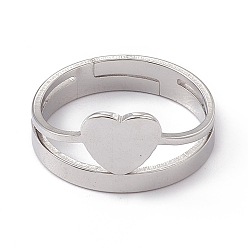 Stainless Steel Color 201 Stainless Steel Heart Adjustable Ring for Women, Stainless Steel Color, US Size 6 1/4(16.7mm)
