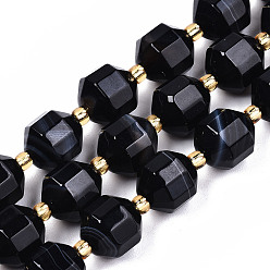 Black Natural Agate Beads Strands, Faceted, with Seed Beads, Dyed, Round, Black, 10.5x9.5mm, Hole: 1.2mm, about 31~32pcs/strand, 14.96 inch(38cm)