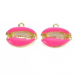 Deep Pink Rack Plating Alloy Pendants, with Enamel, Cadmium Free & Lead Free, Cowrie Shell, Light Gold, Deep Pink, 16.5x19x5.5mm, Hole: 1.6mm