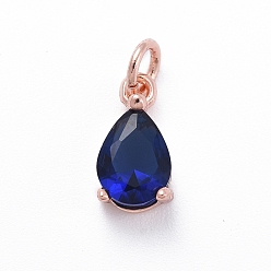 Blue Brass Micro Pave Cubic Zirconia Pendants, with Jump Ring, Teardrop, Rose Gold, Blue, 11.5x6.5x4mm, Hole: 3mm