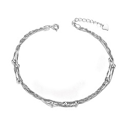 Platinum SHEGRACE Rhodium Plated 925 Sterling Silver Layered Anklets, Small Beads, Platinum, 210mm