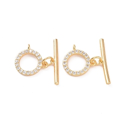 Real 18K Gold Plated Brass Micro Pave Clear Cubic Zirconia Toggle Clasps, Ring, Real 18K Gold Plated, Bar: 21.5x4x2mm, Hole: 1mm, Ring: 12x13x3mm, Hole: 1.5mm
