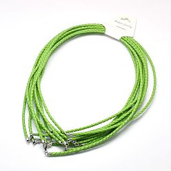 Желто-Зеленый Плетеные кожаные шнуры, для ожерелья делает, латуни с застежками омаров, желто-зеленый, 21 дюйм, 3 мм