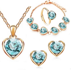 Cyan Glass Heart Jewelry Set, Light Gold Alloy Pendant Necklace & Chain Bracelet & Stud Earrings & Adjustable Ring, Cyan, 450mm, 11x12mm, Inner Diameter: 17mm, 230mm
