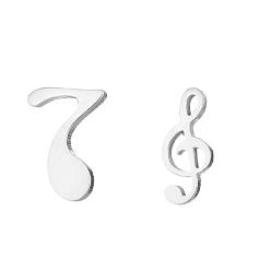 Stainless Steel Color 304 Stainless Steel Music Note Stud Earrings with 316 Stainless Steel Pins, Asymmetrical Earrings for Women, Stainless Steel Color, 10x6mm and 11x5mm