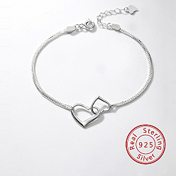Silver 925 Sterling Silver Double Link Chian Bracelets, Heart Bracelets for Women, Silver, 6-1/4 inch(16cm)