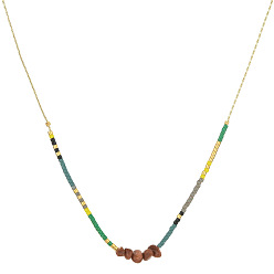 XN047-5 Bohemian Style Natural Stone Pendant Necklace - Copper Plated Gold Rice Bead Necklace