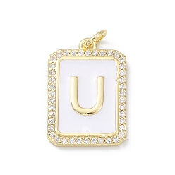 Letter U Brass Enamel Micro Pave Clear Cubic Zirconia Pendants, with Jump Ring, Real 18K Gold Plated, Rectangle Charm, Letter U, 20x13.5x2mm, Hole: 3.4mm