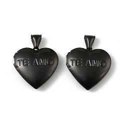 Черный 316 подвески из нержавеющей стали Locket, подвеска в виде сердца со словом "te amo", с 304 защелкой из нержавеющей стали на поручнях, долговечный, ионное покрытие (ip), чёрные, 28.5x28.5x7.5 мм, отверстие : 8.5x4.5 мм, внутренний диаметр: 21.5x20.5 мм