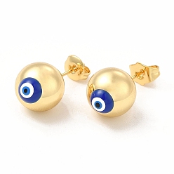 Blue Enamel Evil Eye Stud Earrings, Real 18K Gold Plated Brass Ball Post Earrings for Women, Blue, 12mm, Pin: 0.7mm