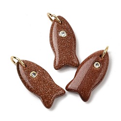 Камень с Пылевым Золотом Синтетические голдстоуновские подвески, подвески в виде рыбок с латунной микрофиброй и фианитами, золотые, 24x12x5 мм, Перейти кольцо: 8x1 мм, внутренний диаметр: 6 мм