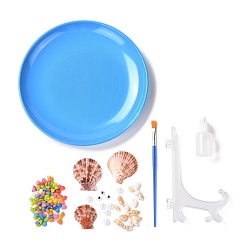 Dodger Blue DIY Ocean Themed Pattern Shell Conch Disk Paste Painting For Kids, including Shell, Plastic Beads & Plate, Brush and Glue, Dodger Blue, 20.5x1.9cm