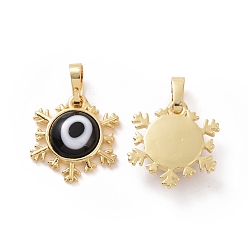 Black Handmade Evil Eye Lampwork Pendants, with Real 18K Gold Plated Tone Brass Findings, Snowflake Charm, Black, 15x16x4mm, Hole: 4x6.5mm