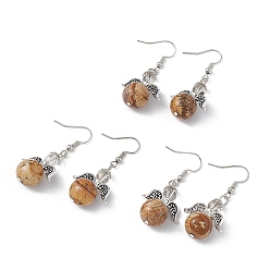 Picture Jasper Natural Picture Jasper Round Beaded Fairy Dangle Earrings, Platinum Brass Jewelry for Women, Cadmium Free & Lead Free, 45mm, Pin: 0.7mm