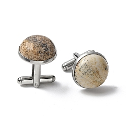 Пейзажный Джаспер 304 пуговицы на манжетах из нержавеющей стали., с естественной картиной яшмы, для аксессуаров одежды, полукруглый, 30~31x17.5 мм