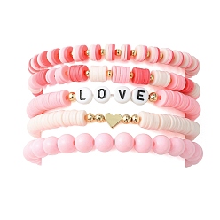 Pink 5Pcs 5 Style Word Love Acrylic & Brass Heart & Polymer Clay Disc Beaded Stretch Bracelets Set for Valentine's Day, Pink, Inner Diameter: 2-3/8~2-3/4 inch(6~7cm), 1Pc/style