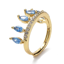 Light Sky Blue Cubic Zirconia Crown Adjustable Rings, Rack Plating Real 18K Gold Plated Brass Ring, Lead Free & Cadmium Free, Long-Lasting Plated, Light Sky Blue, Inner Diameter: 18mm